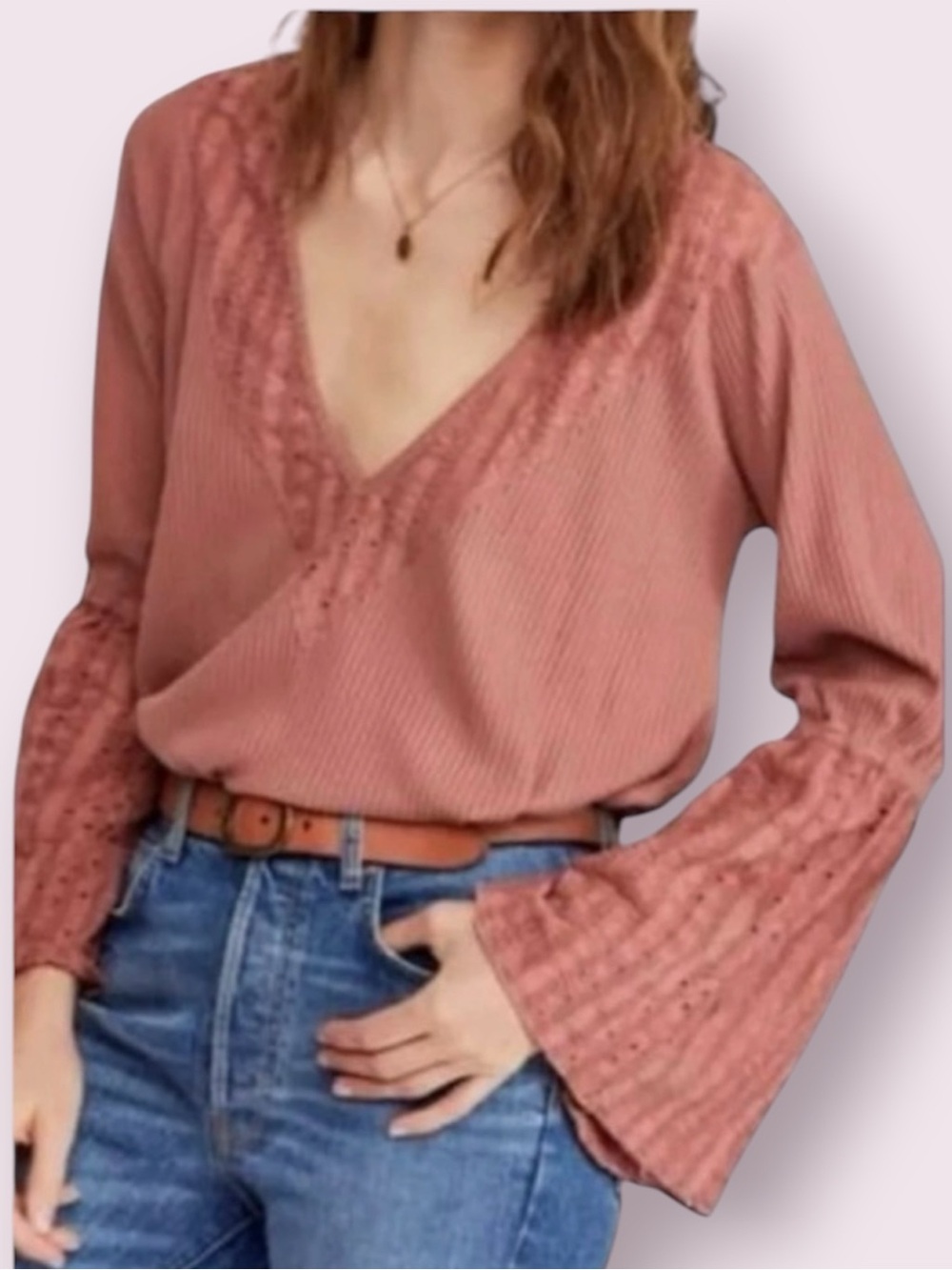 Free People Parisian Nights Long Bell Sleeve Eyelet Top Rose Brown Size Medium